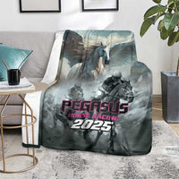 Gray Pegasus horse racing blanket with winged horse artwork and “2025” logo
