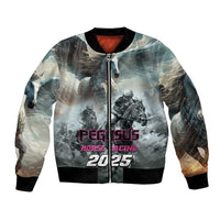 Gray bomber jacket, full-zip front, ribbed cuffs/hem, horse-racing 2025 graphic