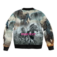Gray bomber jacket, full-zip front, ribbed cuffs/hem, horse-racing graphic with YOUR TEXT