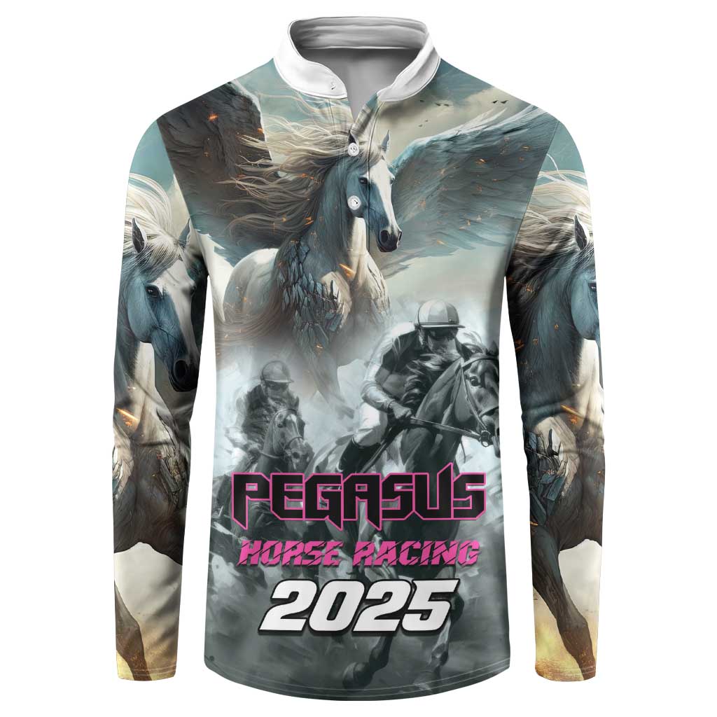 Pegasus horse racing 2025 henley sweatshirt, button front, full-color graphic