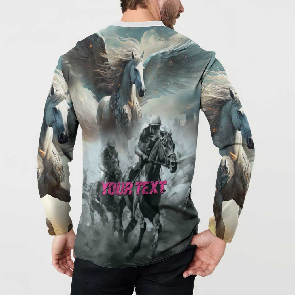 Pegasus horse racing 2025 henley sweatshirt back view, pegasus and riders print, YOUR TEXT