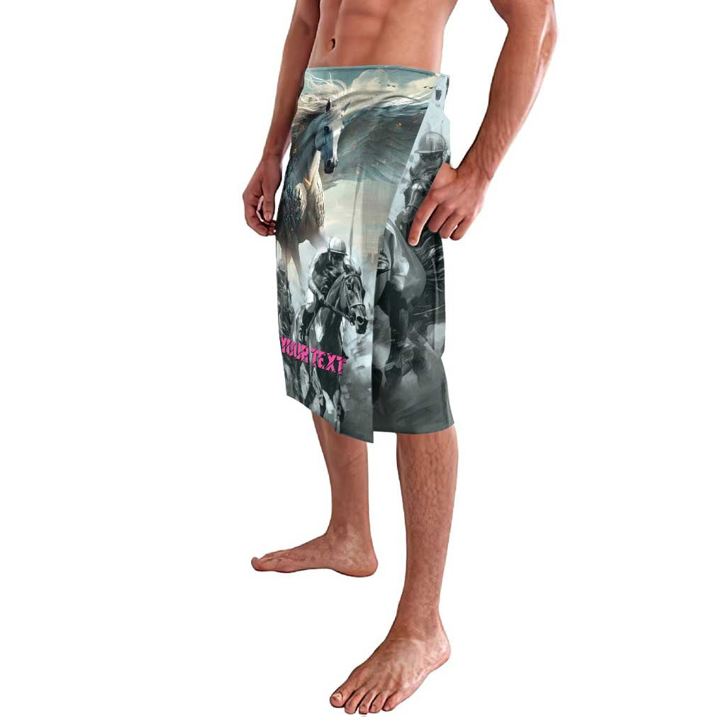Men's graphic racing shorts with horse artwork and bold text panel, elastic waistband