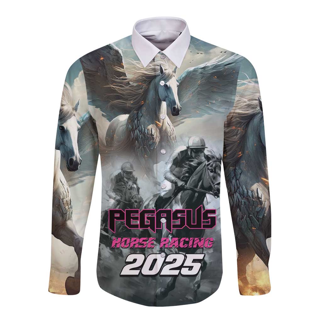 Long sleeve button shirt with Pegasus horse race graphic and 2025 logo