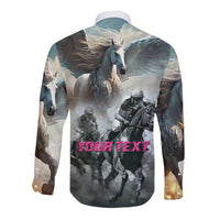 Long sleeve button shirt with Pegasus race scene and Your Text front panel