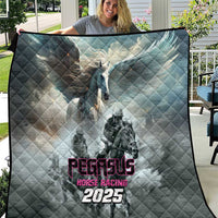 Gray quilt with diamond stitching and Pegasus Horse Racing 2025 graphic, horse center