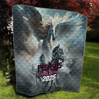 Gray quilt draped outdoors, diamond stitching with Pegasus Horse Racing 2025 graphic