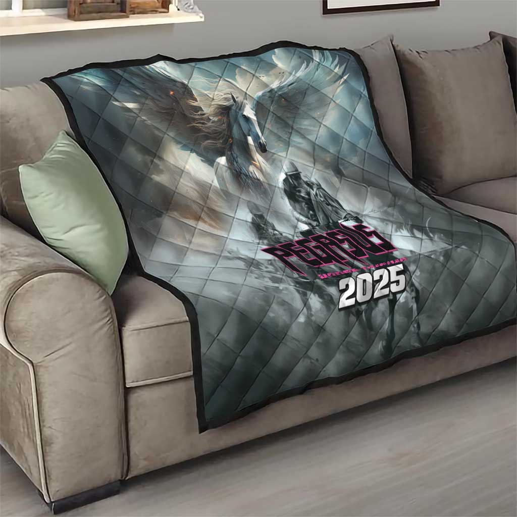 Gray quilt on sofa with diamond stitching and Pegasus 2025 logo centered