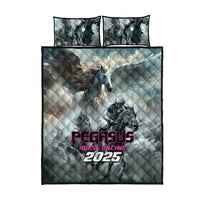 Gray quilt bed set featuring central horse and 2025 logo, two pillow shams