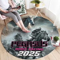 Gray round carpet with Pegasus horse racing artwork, horses and 2025 text, round rug