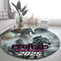 Gray round carpet featuring Pegasus horse racing graphic with horses and 2025 headline