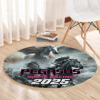 Gray round carpet with Pegasus horse racing design and 2025 text, round rug