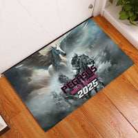 Gray rubber doormat on wood floor with Pegasus rider 2025 poster-style print
