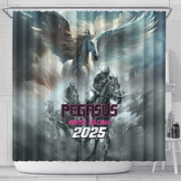 Gray shower curtain featuring Pegasus horse and racing 2025 logo artwork