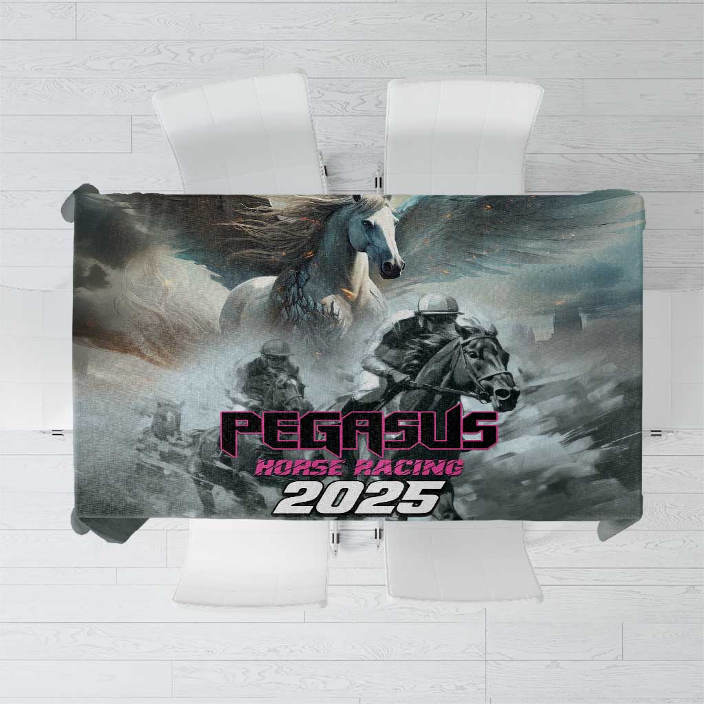Gray tablecloth with Pegasus horse and Pegasus Horse Racing 2025 logo in pink and white