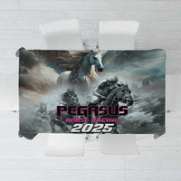 Gray tablecloth with Pegasus horse and Pegasus Horse Racing 2025 logo in pink and white