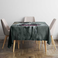 Gray square tablecloth with centered racing logo panel and draped sides