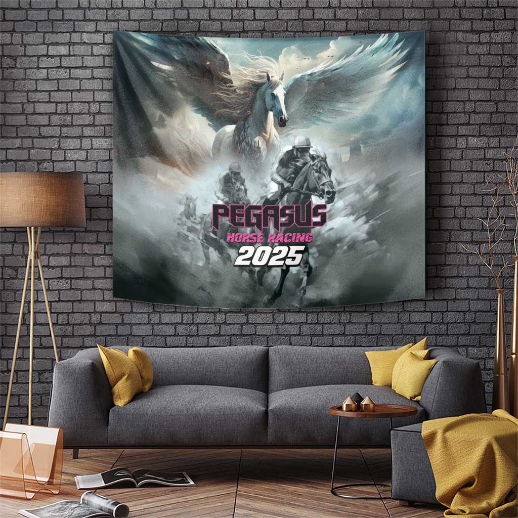Gray Pegasus Horse Racing tapestry with winged horse, riders, and “PEGASUS 2025” print