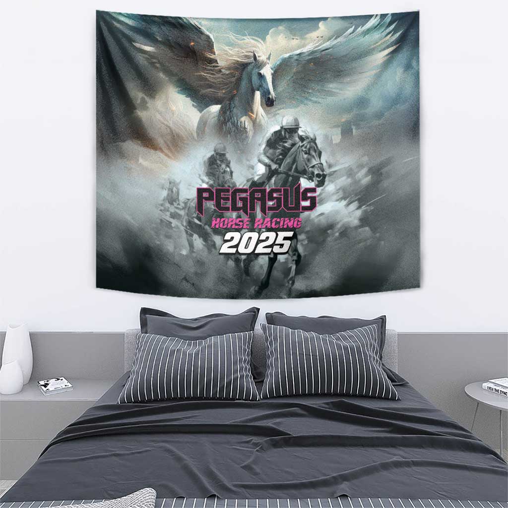 Gray wall-hanging Pegasus Horse Racing tapestry showing winged horse and riders with “PEGASUS 2025”