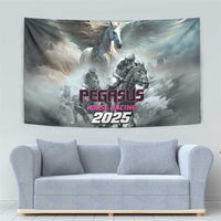 Gray Pegasus Horse Racing tapestry with winged horse and riders, “PEGASUS 2025” graphic