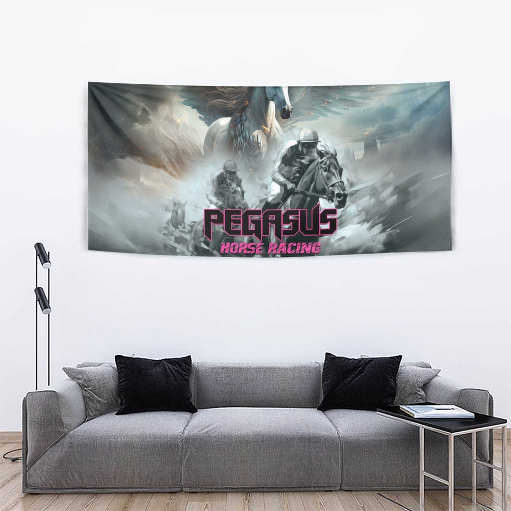 Gray Pegasus Horse Racing tapestry displaying winged horse and riders with bold “PEGASUS 2025” text