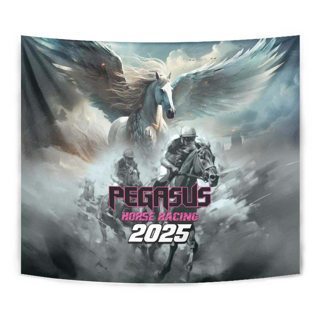 Gray close-up Pegasus Horse Racing tapestry with winged horse, riders, and “PEGASUS 2025” print