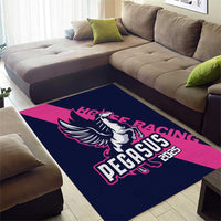 Horse racing area rug with Pegasus and 2025 text, navy base with pink panels