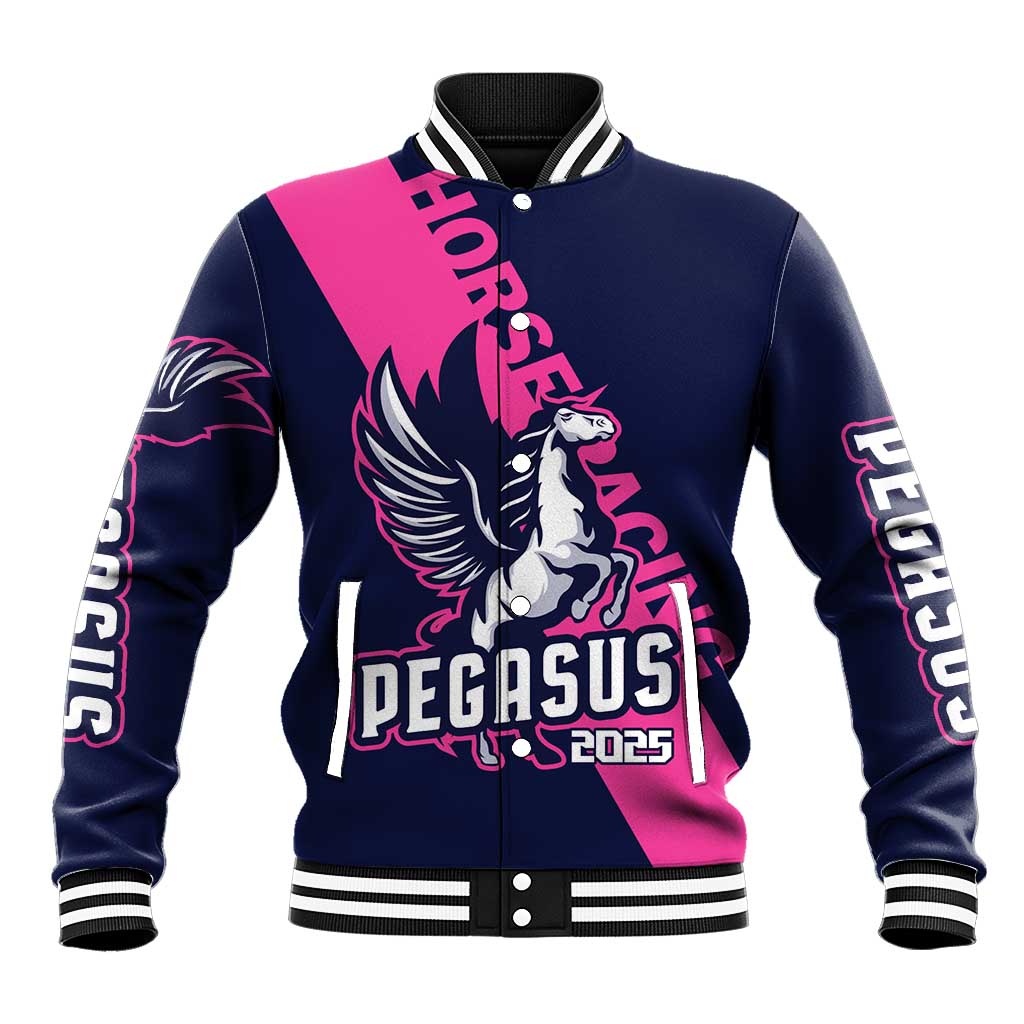 Pink and navy baseball varsity jacket with Pegasus mascot and 2025 graphic