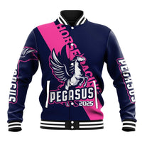 Pink and navy baseball varsity jacket with Pegasus mascot and 2025 graphic