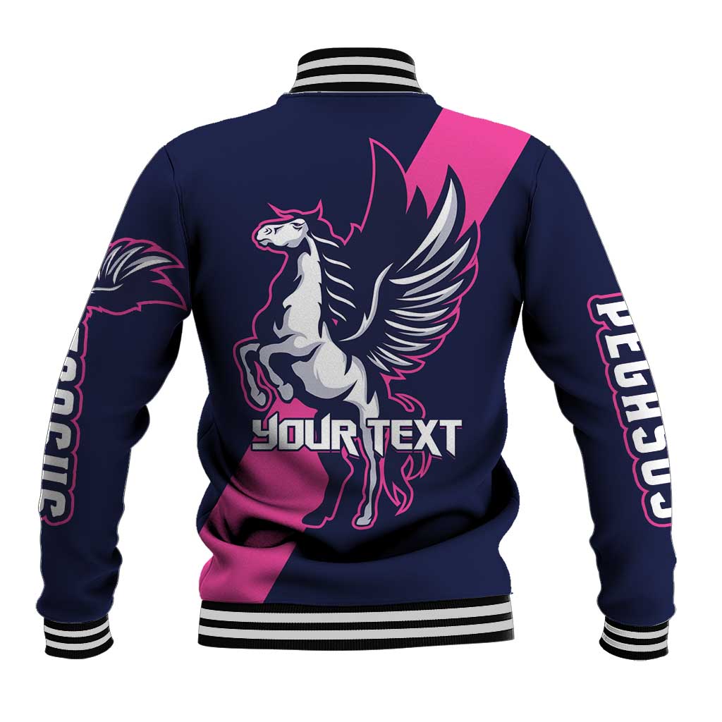 Back view baseball varsity jacket, navy and pink, Pegasus graphic and 'Your text'