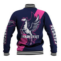 Back view baseball varsity jacket, navy and pink, Pegasus graphic and 'Your text'