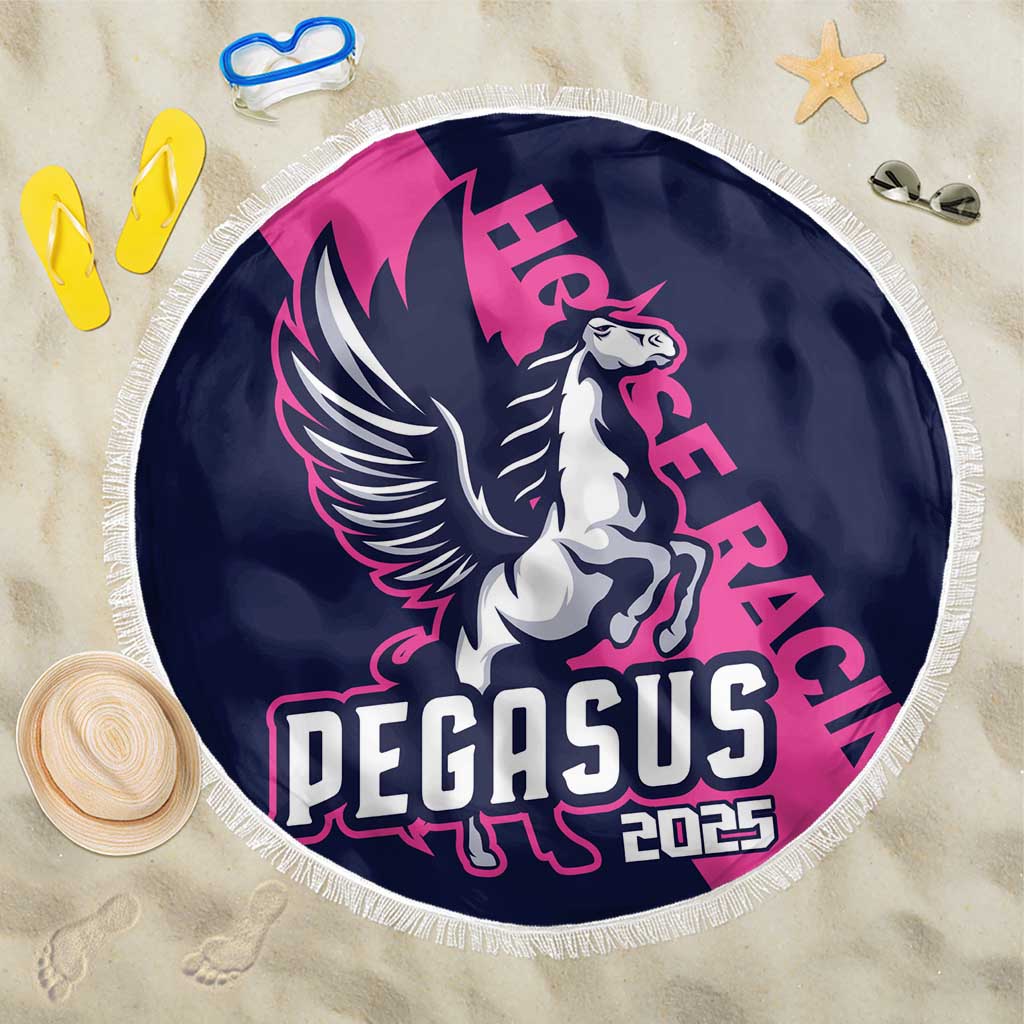 Navy round beach blanket with fringe edge, Pegasus and PEGASUS 2025 graphic