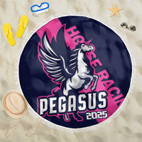 Navy round beach blanket with fringe edge, Pegasus and PEGASUS 2025 graphic