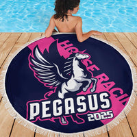 Round navy beach blanket with fringe border, centered Pegasus emblem and text