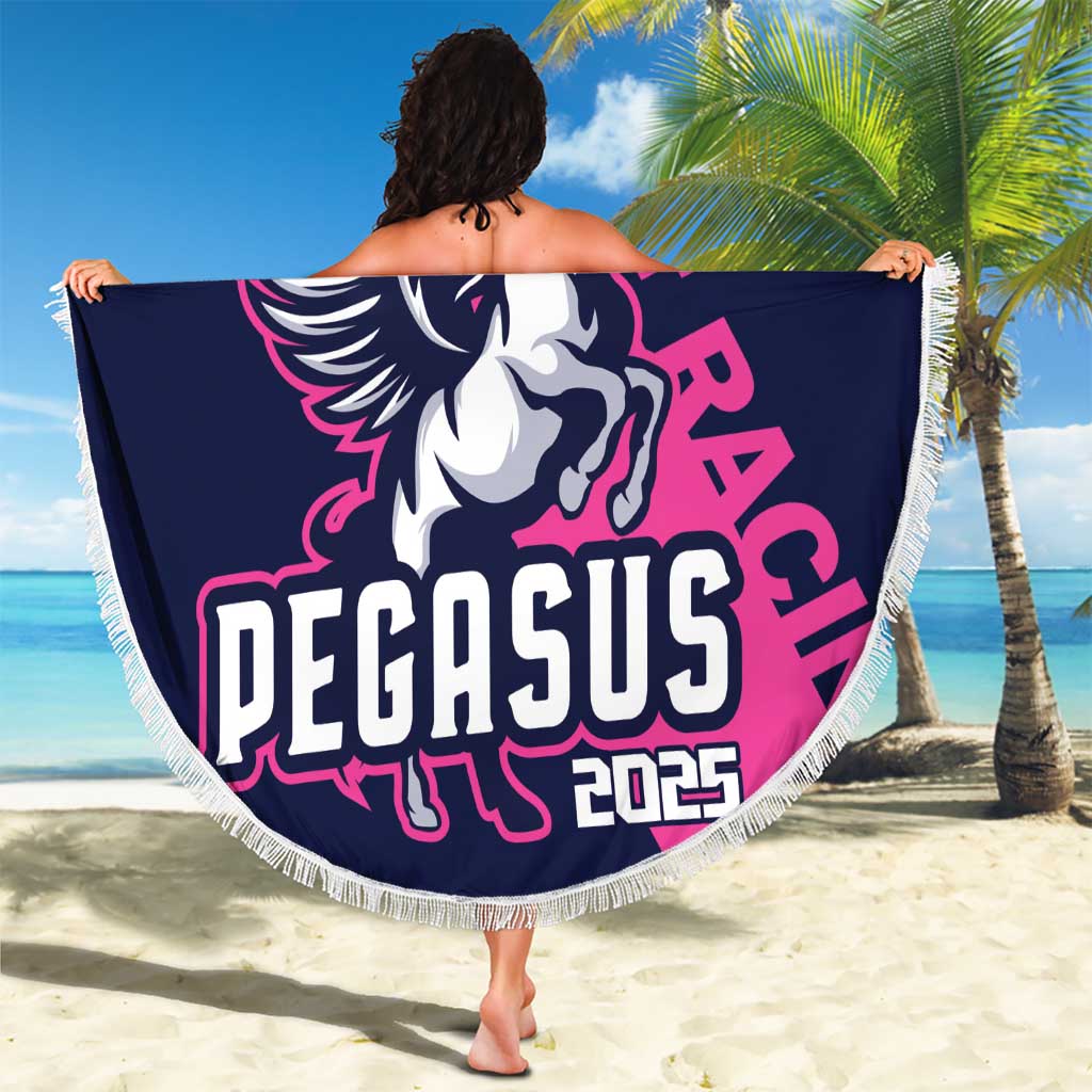 Navy round beach blanket with fringe edge, Pegasus and PEGASUS 2025 graphic