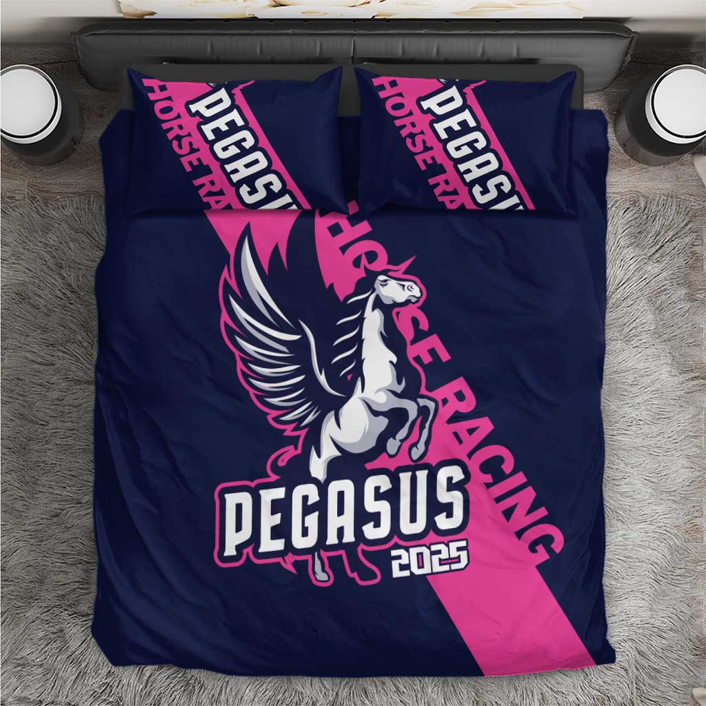 Navy and pink Pegasus 2025 bedding set with Pegasus logo duvet and two pillows