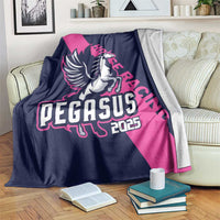 Navy and pink horse racing blanket with Pegasus graphic and 2025 text