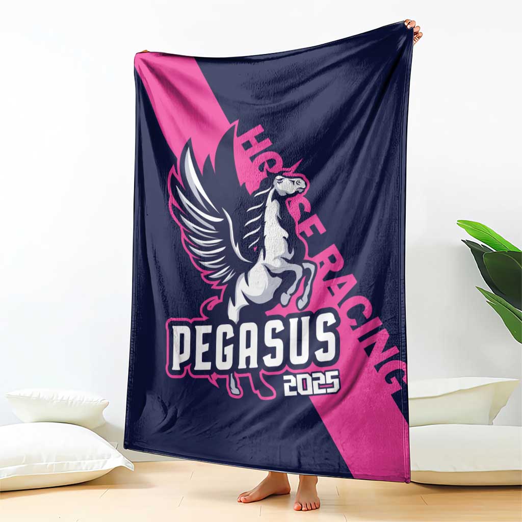 Navy and pink horse racing blanket draped with Pegasus logo and 2025 date