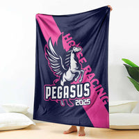 Navy and pink horse racing blanket draped with Pegasus logo and 2025 date