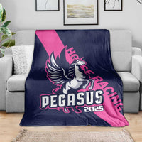 Navy and pink Pegasus horse racing blanket on a sofa with 2025 logo