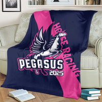 Navy and pink horse racing blanket featuring Pegasus and 2025 on a couch