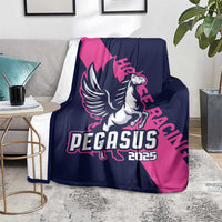 Navy and pink horse racing blanket with Pegasus graphic and 2025 on a chair