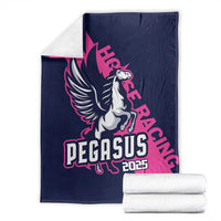 Navy horse racing blanket with pink Pegasus emblem and 2025, folded with extras