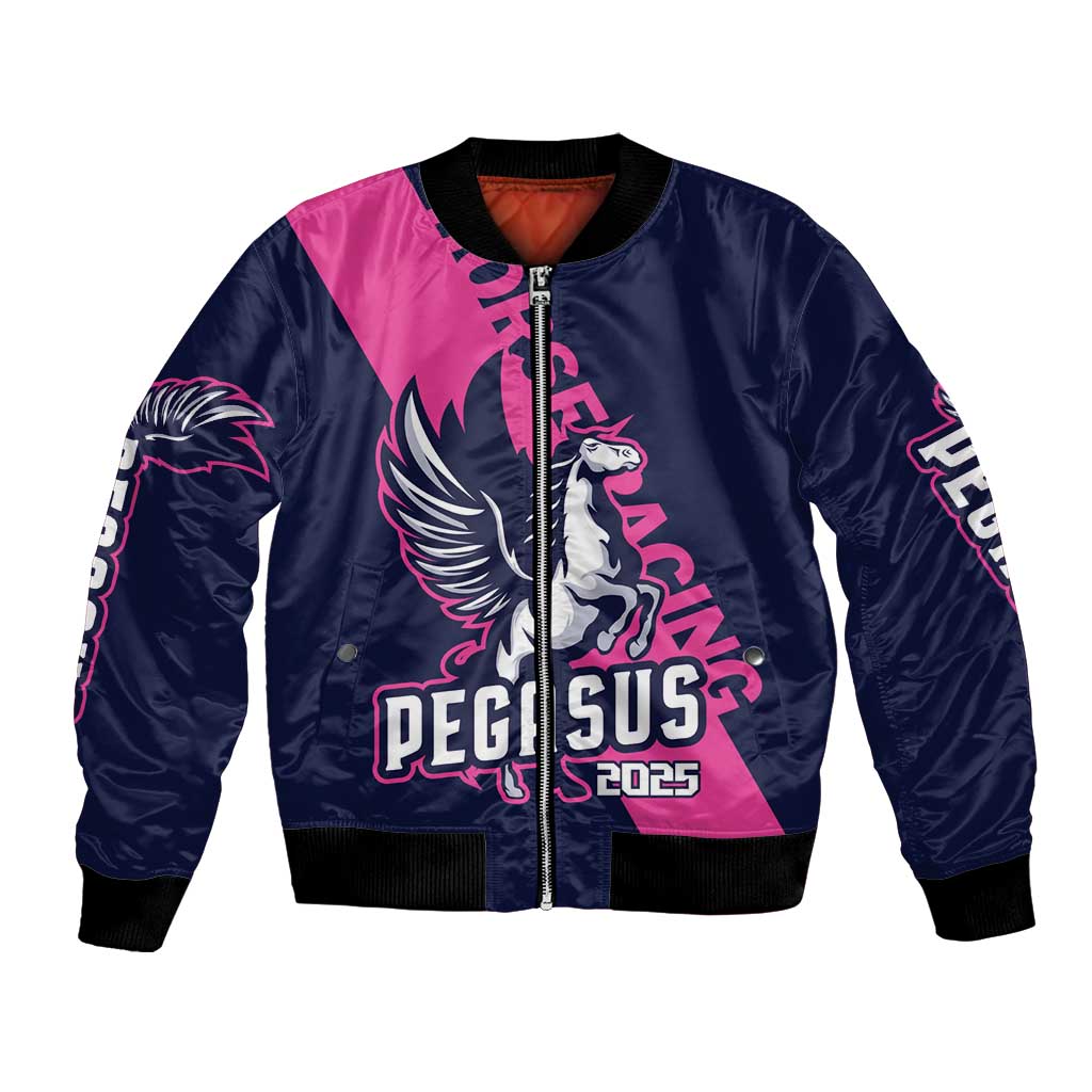 Personalized bomber jacket with navy and pink colorblock, front zipper, Pegasus 2025 print