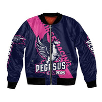 Personalized bomber jacket with navy and pink colorblock, front zipper, Pegasus 2025 print