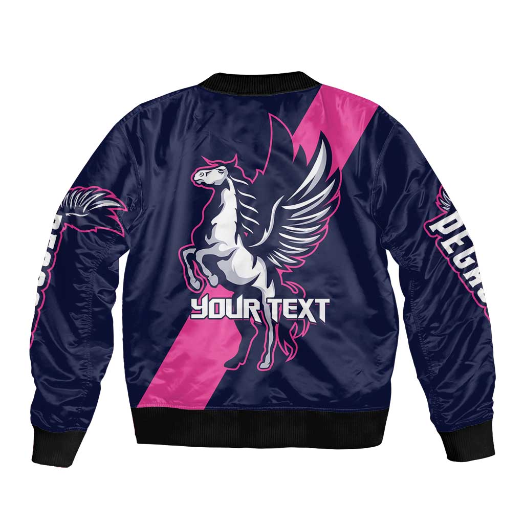 Personalized bomber jacket, navy with pink panel, back print Pegasus with editable Your Text