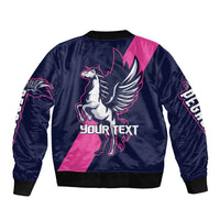 Personalized bomber jacket, navy with pink panel, back print Pegasus with editable Your Text