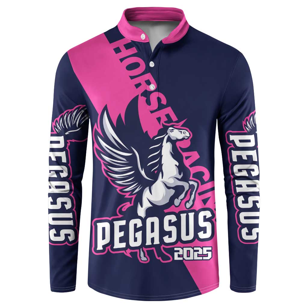 Navy and pink pegasus button sweatshirt with 2025 racing graphic and sleeve text