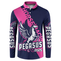 Navy and pink pegasus button sweatshirt with 2025 racing graphic and sleeve text