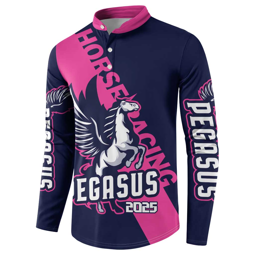 Navy and pink pegasus button sweatshirt with centered pegasus graphic and 2025 text