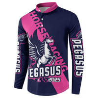 Navy and pink pegasus button sweatshirt with centered pegasus graphic and 2025 text